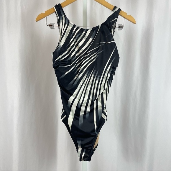 Carol Wior Vintage Size 10 Ruched Side Open Back Swimsuit Abstract High Side 80s - Picture 1 of 6